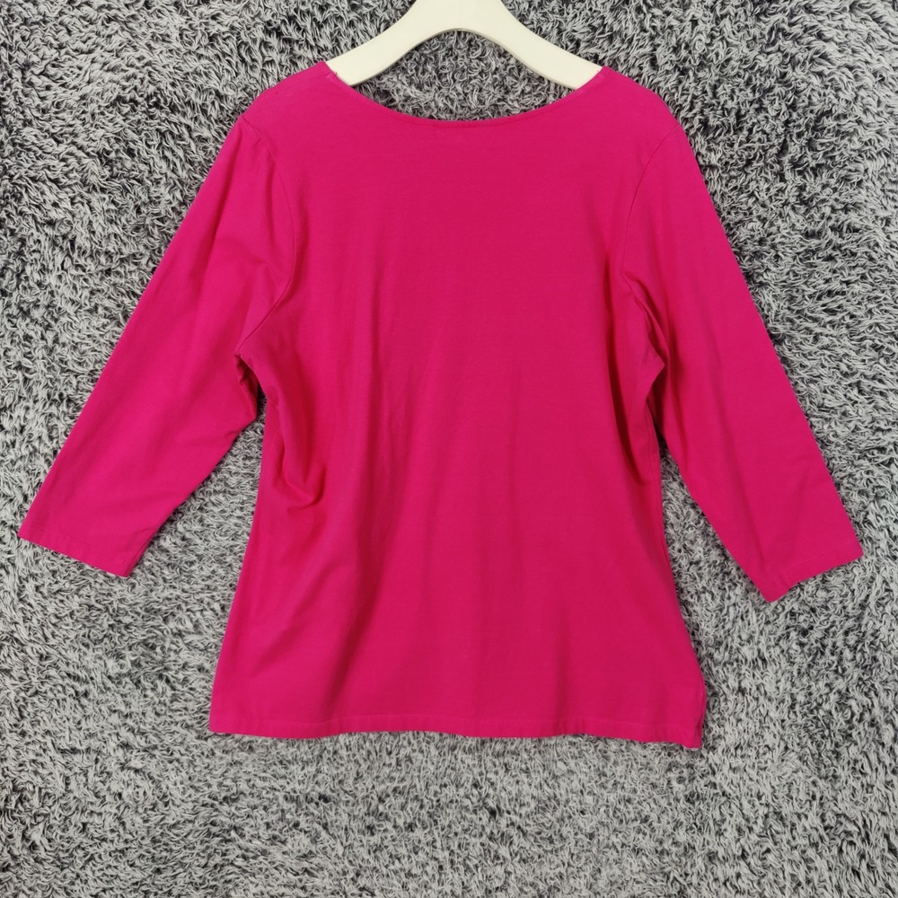 Susan Graver Womens Large Top Bright Pink‎ 3/4 Sleeve Embroidered Floral V-Neck - Picture 2 of 7